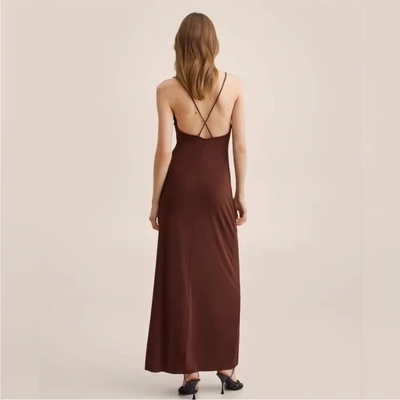 MANGO Chocolate Brown Ruched Cutout Maxi Dress | Vacation, Date Night Size M - Picture 4 of 11
